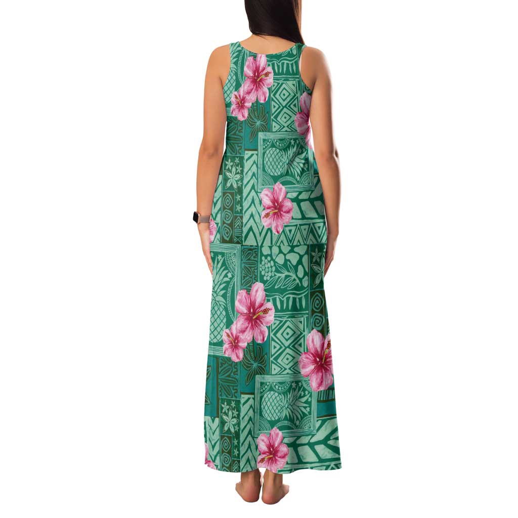 Cyan Hawaii Hibiscus With Tropical Flowers Motifs Tank Maxi Dress - Polynesian Pride