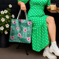 Cyan Hawaii Hibiscus With Tropical Flowers Motifs Tote Bag - Polynesian Pride