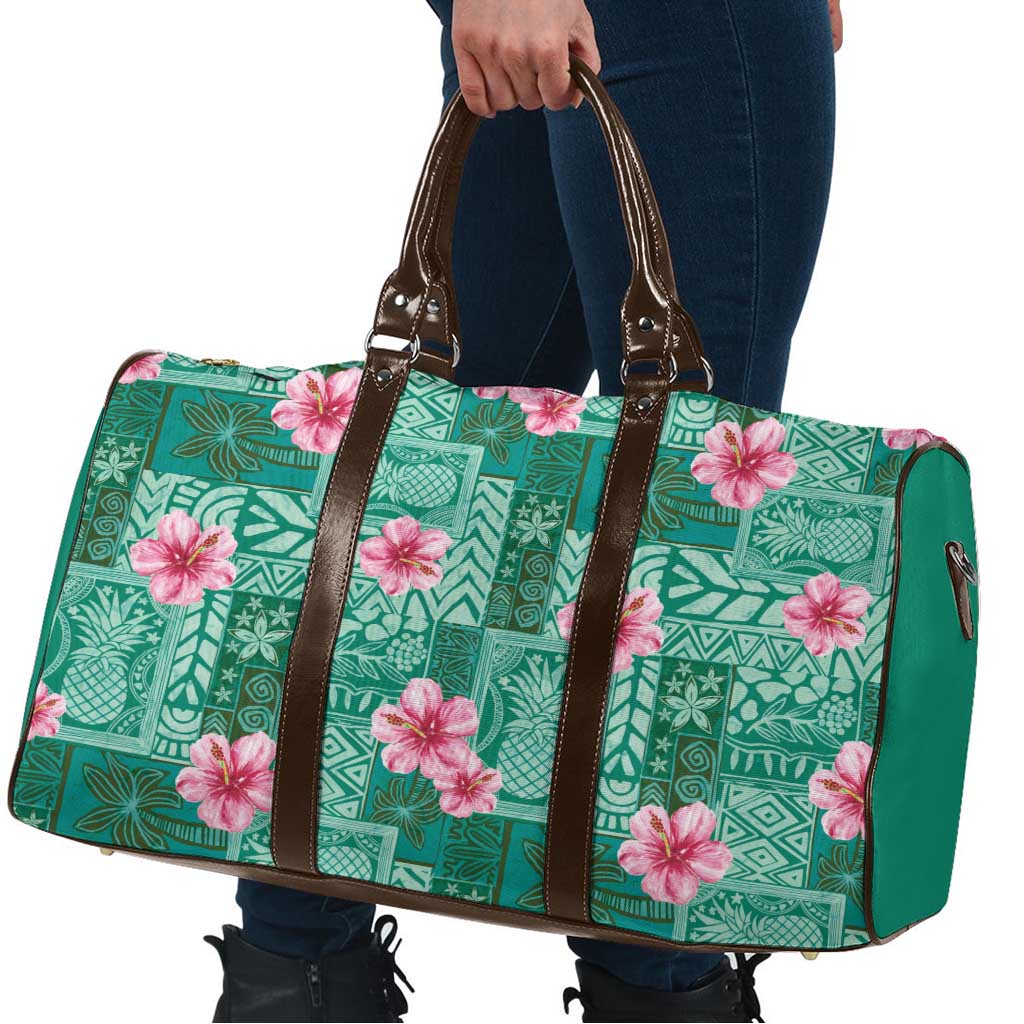 Cyan Hawaii Hibiscus With Tropical Flowers Motifs Travel Bag - Polynesian Pride