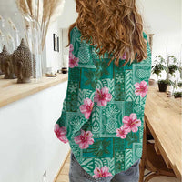 Cyan Hawaii Hibiscus With Tropical Flowers Motifs Women Casual Shirt - Polynesian Pride