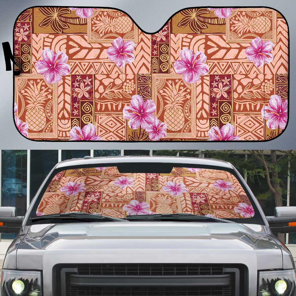 Orange Hawaii Hibiscus With Tropical Flowers Motifs Auto Sun Shade LT14 Orange - Polynesian Pride