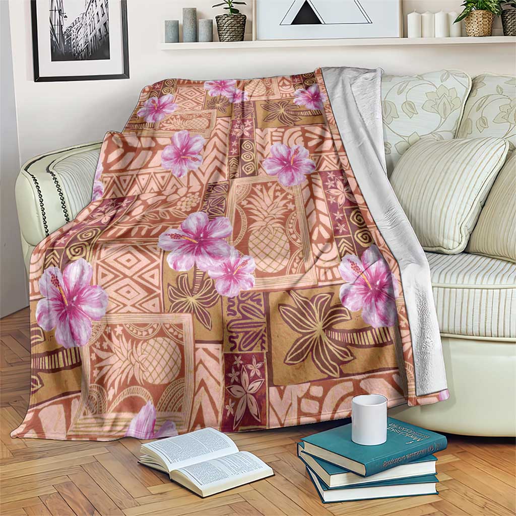 Orange Hawaii Hibiscus With Tropical Flowers Motifs Blanket - Polynesian Pride