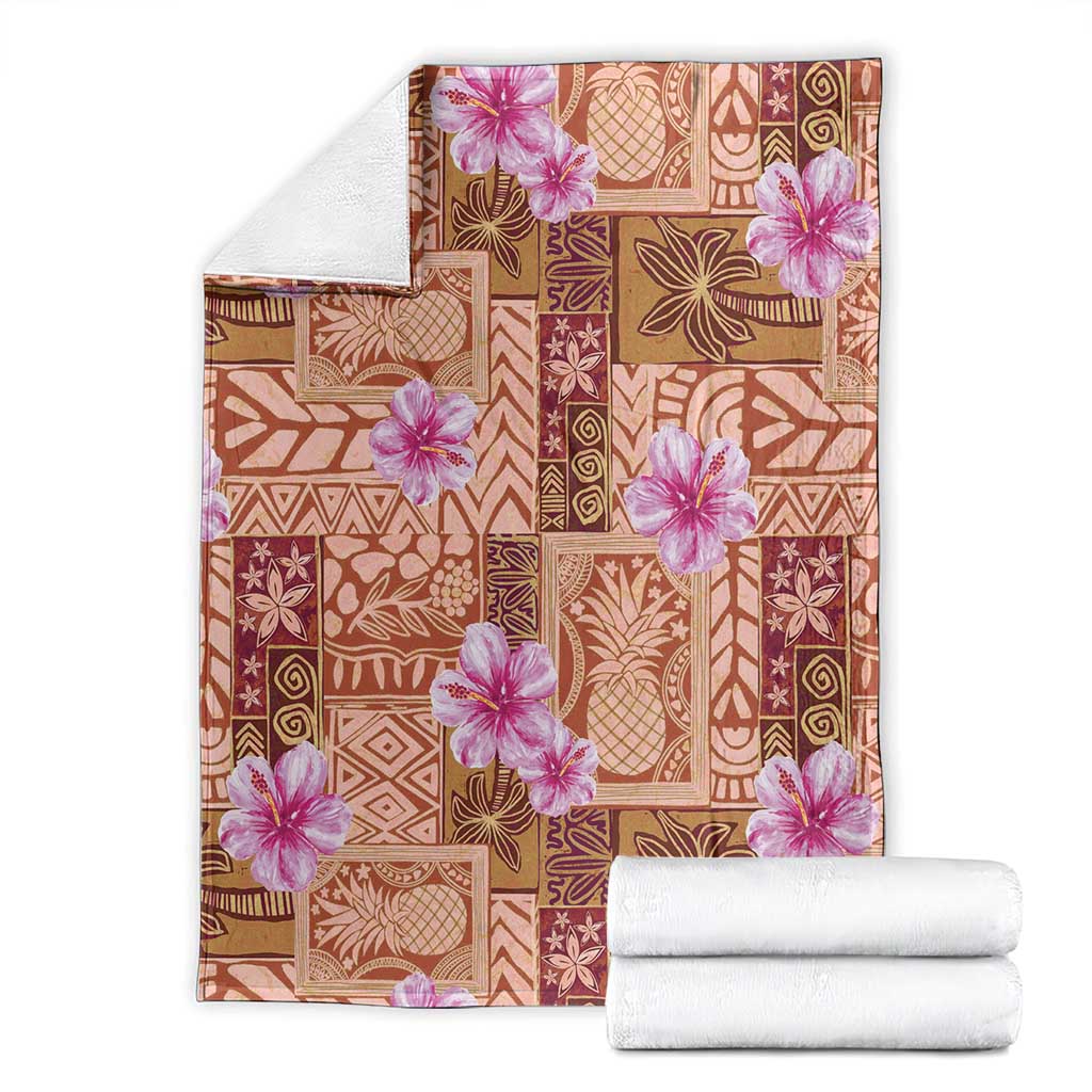 Orange Hawaii Hibiscus With Tropical Flowers Motifs Blanket - Polynesian Pride