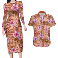 Orange Hawaii Hibiscus With Tropical Flowers Motifs Couples Matching Long Sleeve Bodycon Dress and Hawaiian Shirt LT14 Orange - Polynesian Pride