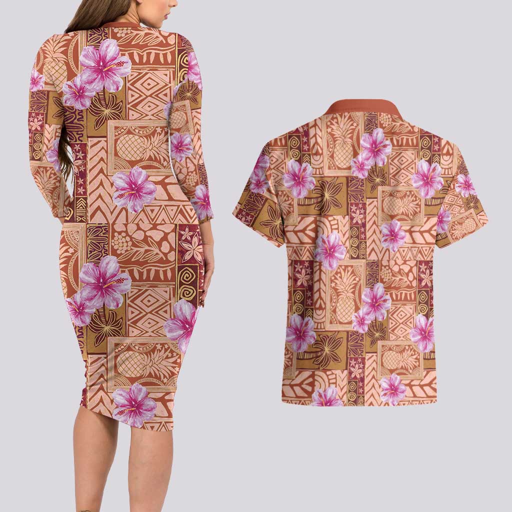Orange Hawaii Hibiscus With Tropical Flowers Motifs Couples Matching Long Sleeve Bodycon Dress and Hawaiian Shirt LT14 - Polynesian Pride