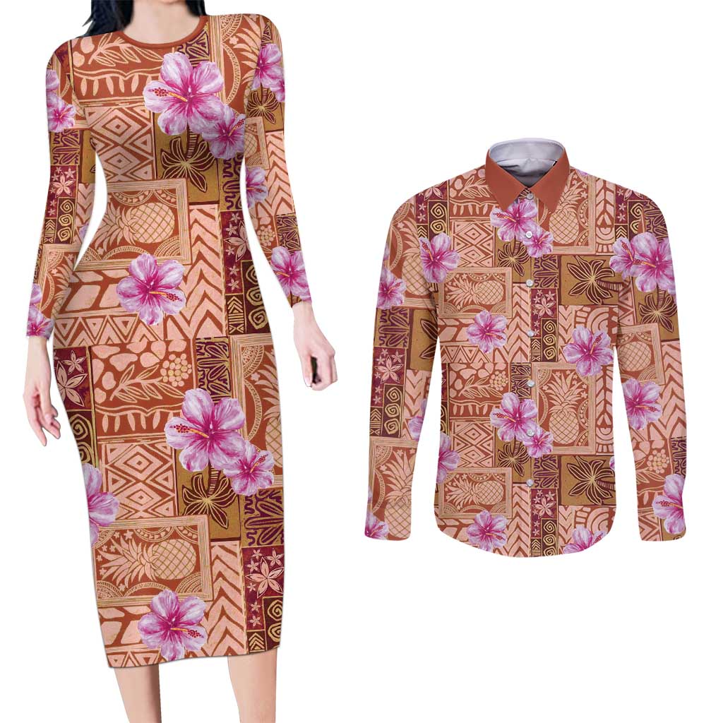 Orange Hawaii Hibiscus With Tropical Flowers Motifs Couples Matching Long Sleeve Bodycon Dress and Long Sleeve Button Shirt LT14 Orange - Polynesian Pride