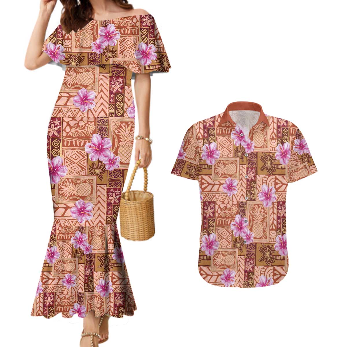 Orange Hawaii Hibiscus With Tropical Flowers Motifs Couples Matching Mermaid Dress and Hawaiian Shirt LT14 Orange - Polynesian Pride