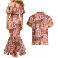 Orange Hawaii Hibiscus With Tropical Flowers Motifs Couples Matching Mermaid Dress and Hawaiian Shirt LT14 - Polynesian Pride