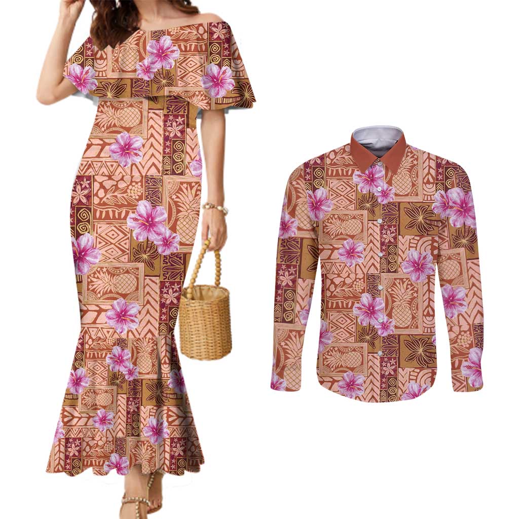 Orange Hawaii Hibiscus With Tropical Flowers Motifs Couples Matching Mermaid Dress and Long Sleeve Button Shirt - Polynesian Pride