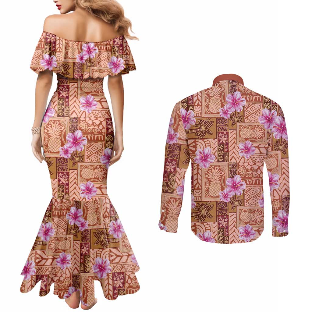 Orange Hawaii Hibiscus With Tropical Flowers Motifs Couples Matching Mermaid Dress and Long Sleeve Button Shirt - Polynesian Pride