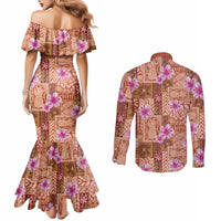 Orange Hawaii Hibiscus With Tropical Flowers Motifs Couples Matching Mermaid Dress and Long Sleeve Button Shirt - Polynesian Pride