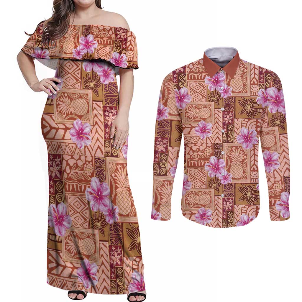 Orange Hawaii Hibiscus With Tropical Flowers Motifs Couples Matching Off Shoulder Maxi Dress and Long Sleeve Button Shirt LT14 Orange - Polynesian Pride