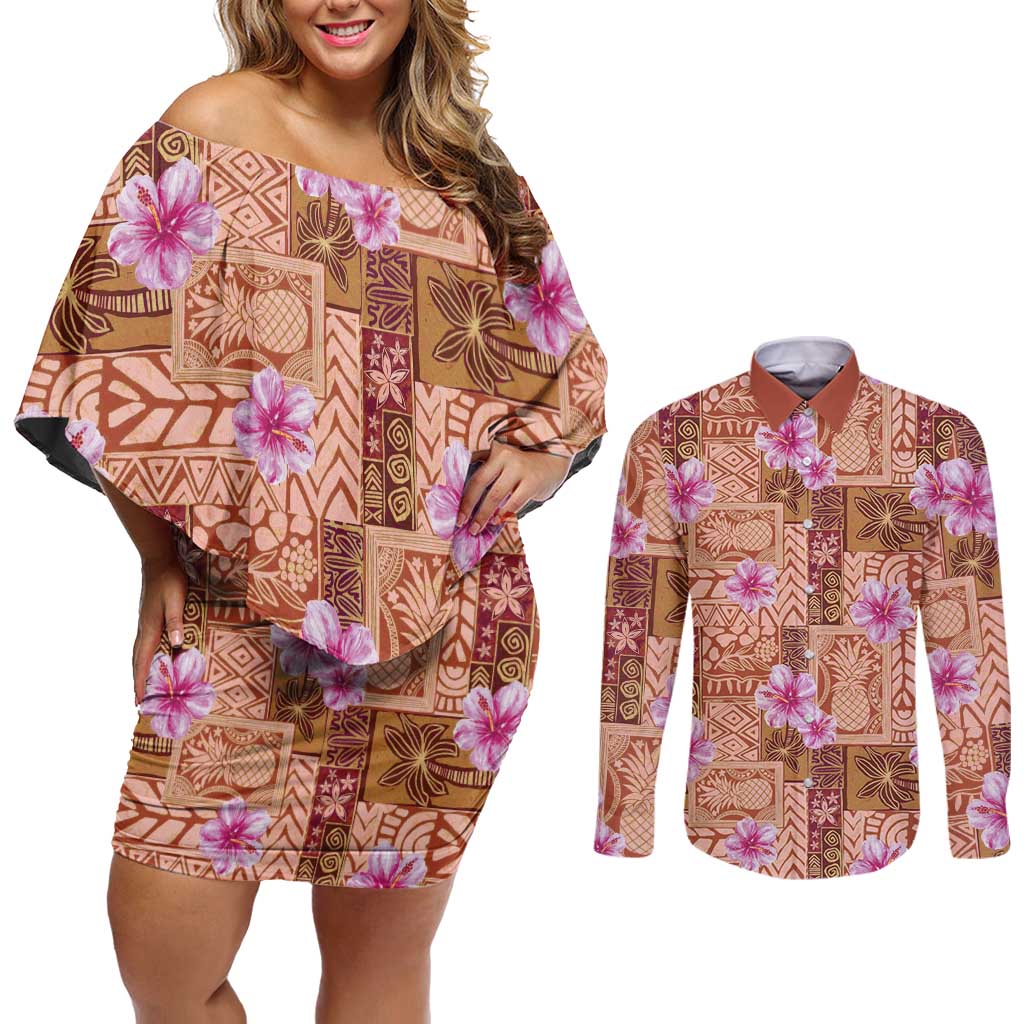 Orange Hawaii Hibiscus With Tropical Flowers Motifs Couples Matching Off Shoulder Short Dress and Long Sleeve Button Shirt LT14 Orange - Polynesian Pride