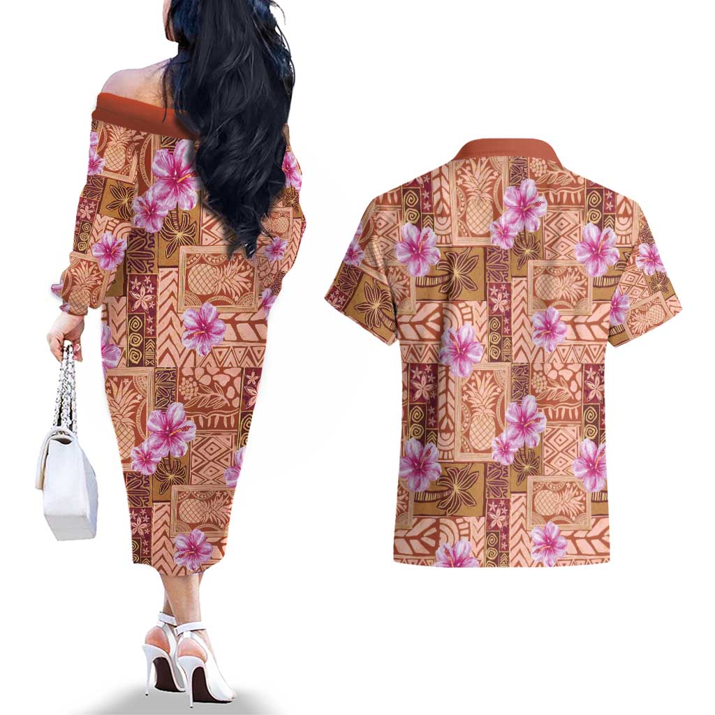 Orange Hawaii Hibiscus With Tropical Flowers Motifs Couples Matching Off The Shoulder Long Sleeve Dress and Hawaiian Shirt LT14 - Polynesian Pride