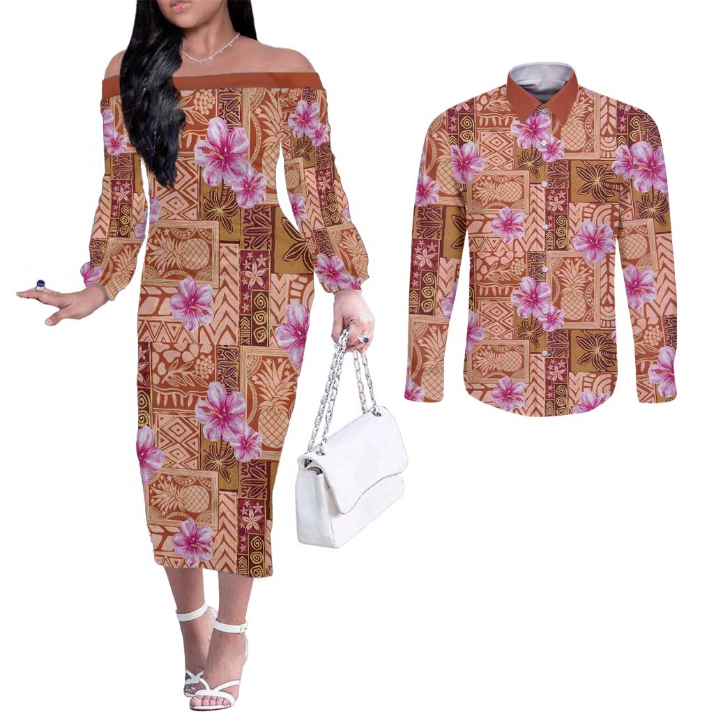 Orange Hawaii Hibiscus With Tropical Flowers Motifs Couples Matching Off The Shoulder Long Sleeve Dress and Long Sleeve Button Shirt LT14 Orange - Polynesian Pride