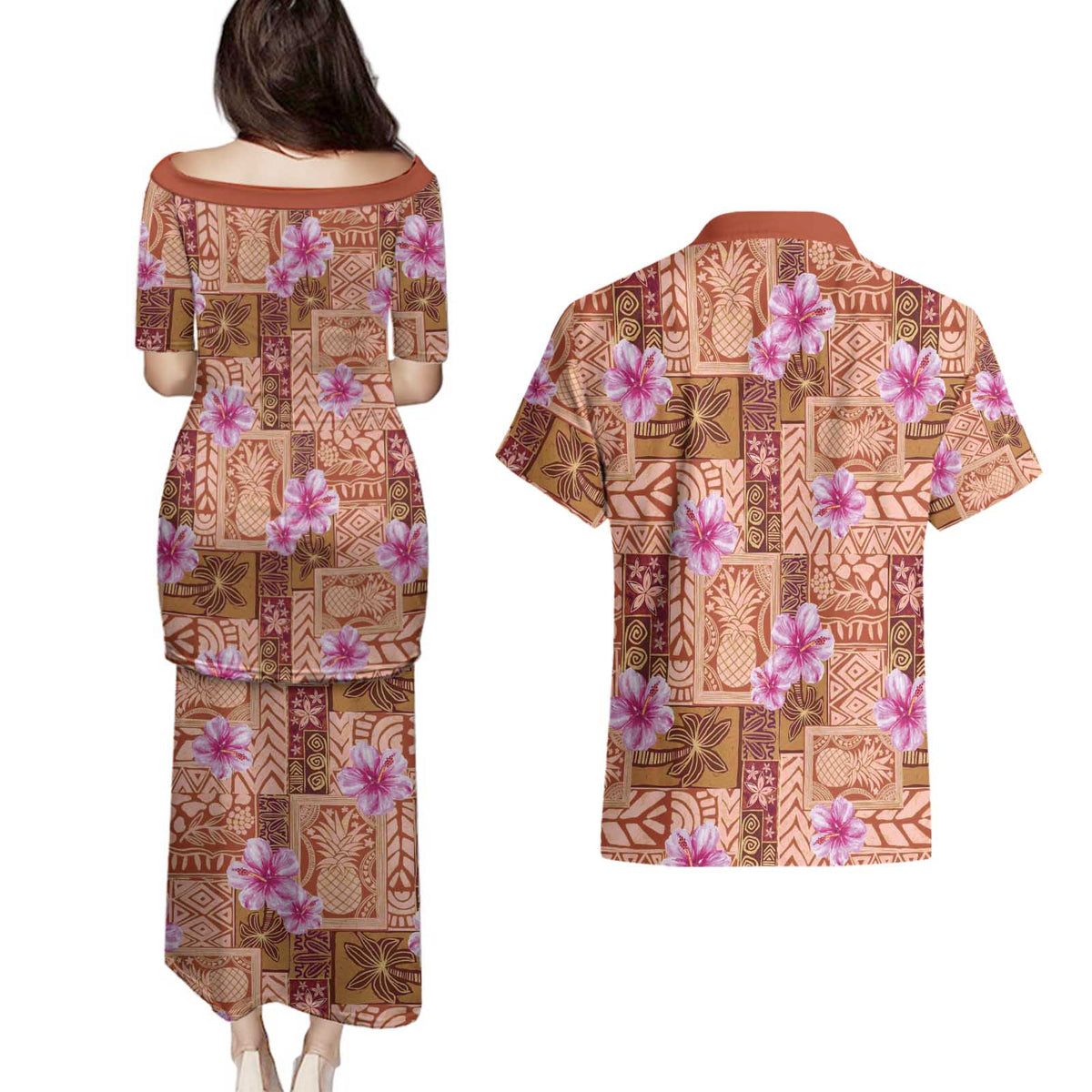Orange Hawaii Hibiscus With Tropical Flowers Motifs Couples Matching Puletasi and Hawaiian Shirt - Polynesian Pride