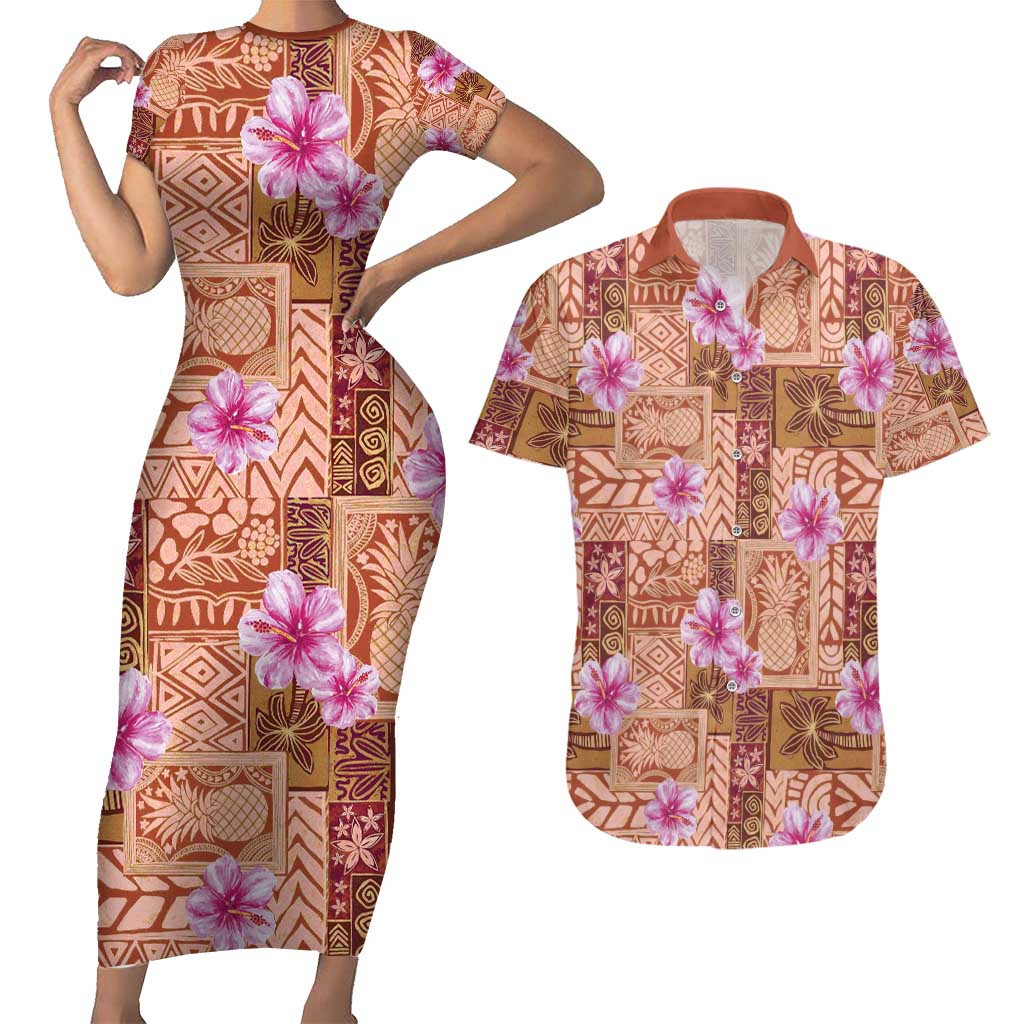 Orange Hawaii Hibiscus With Tropical Flowers Motifs Couples Matching Short Sleeve Bodycon Dress and Hawaiian Shirt LT14 Orange - Polynesian Pride