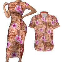 Orange Hawaii Hibiscus With Tropical Flowers Motifs Couples Matching Short Sleeve Bodycon Dress and Hawaiian Shirt LT14 Orange - Polynesian Pride