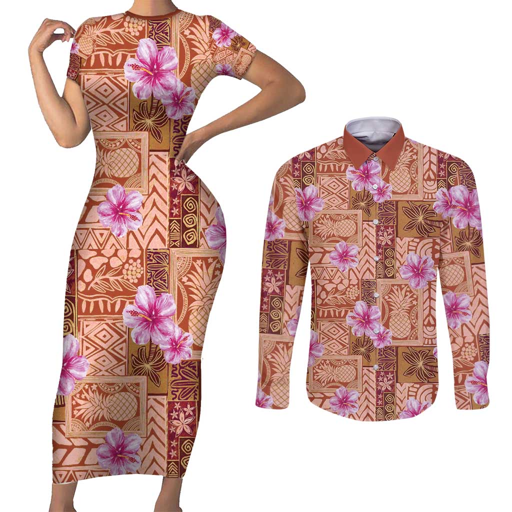 Orange Hawaii Hibiscus With Tropical Flowers Motifs Couples Matching Short Sleeve Bodycon Dress and Long Sleeve Button Shirt LT14 Orange - Polynesian Pride