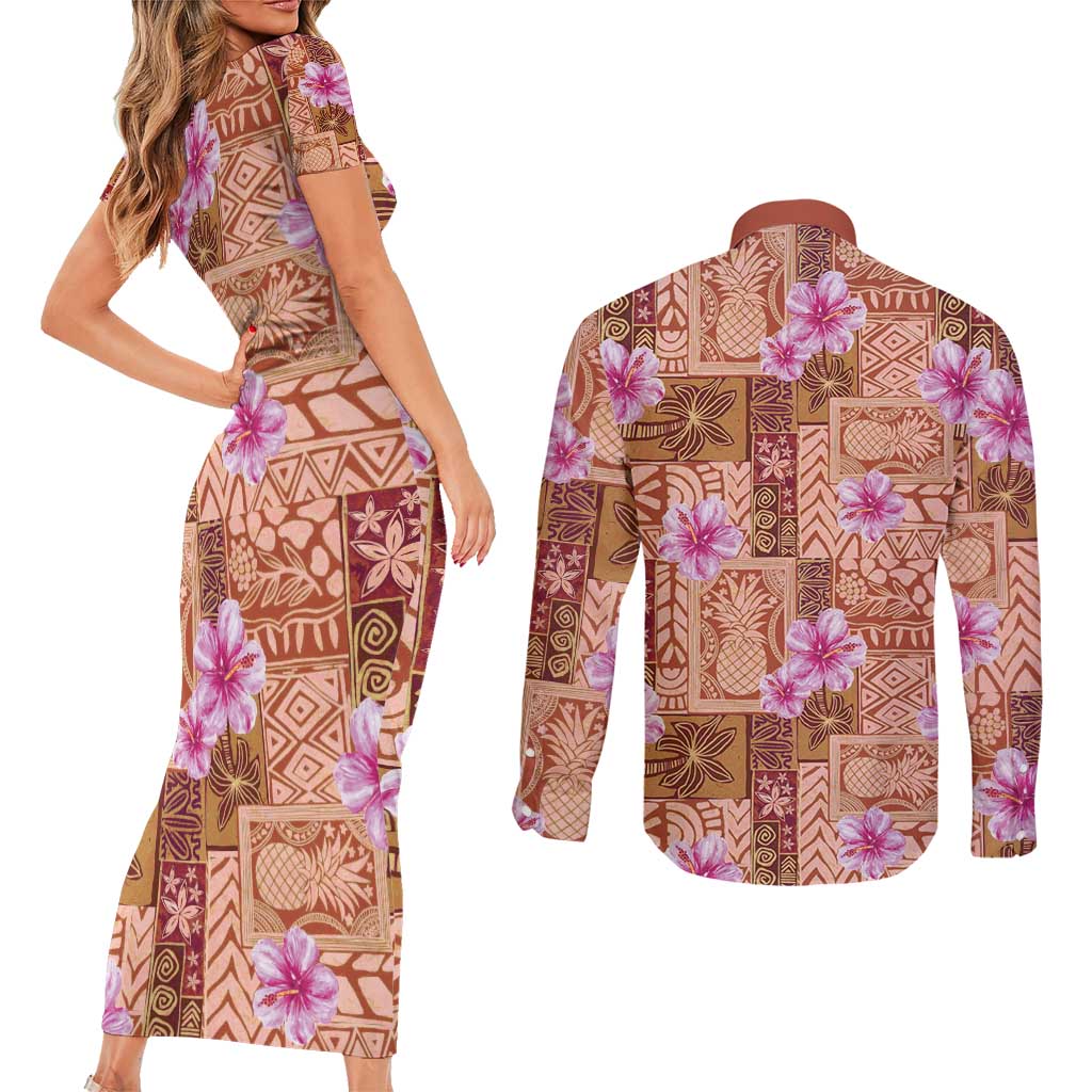 Orange Hawaii Hibiscus With Tropical Flowers Motifs Couples Matching Short Sleeve Bodycon Dress and Long Sleeve Button Shirt - Polynesian Pride