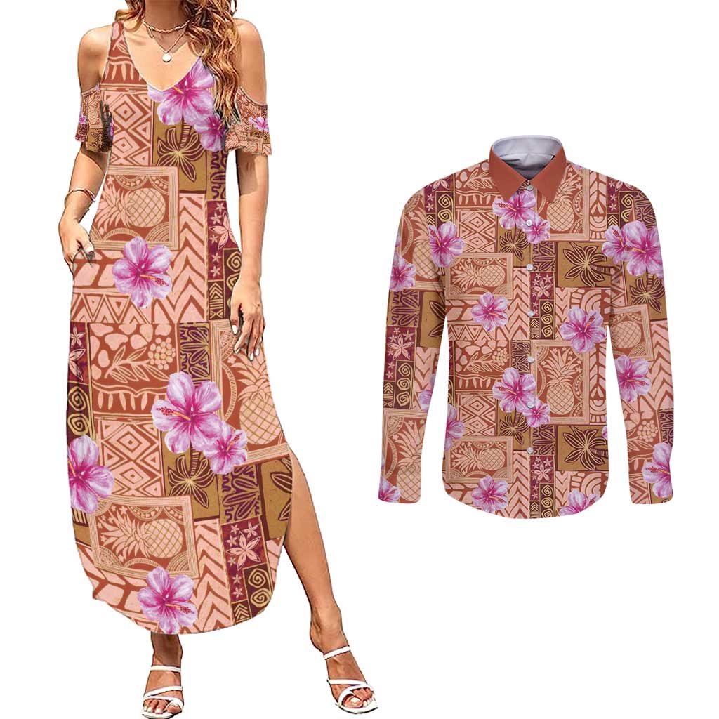 Orange Hawaii Hibiscus With Tropical Flowers Motifs Couples Matching Summer Maxi Dress and Long Sleeve Button Shirt LT14 Orange - Polynesian Pride