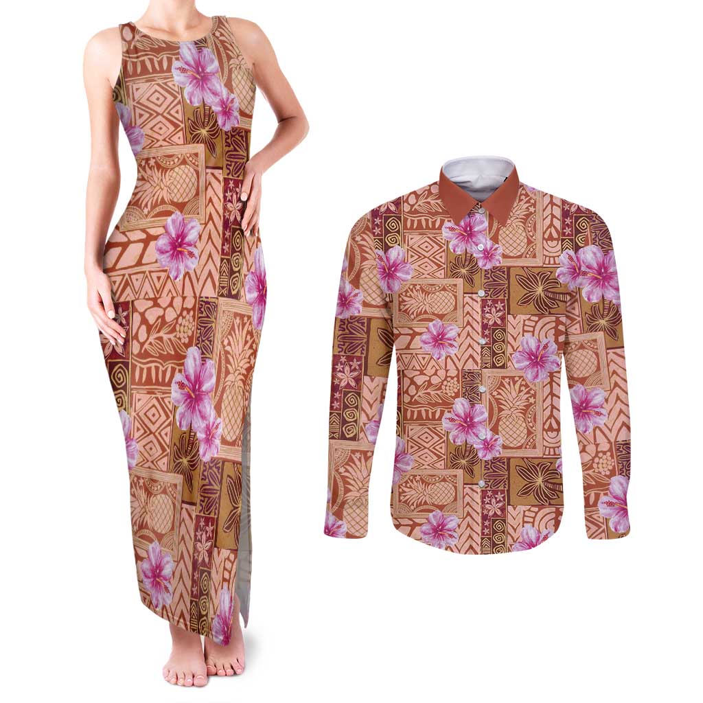 Orange Hawaii Hibiscus With Tropical Flowers Motifs Couples Matching Tank Maxi Dress and Long Sleeve Button Shirt - Polynesian Pride