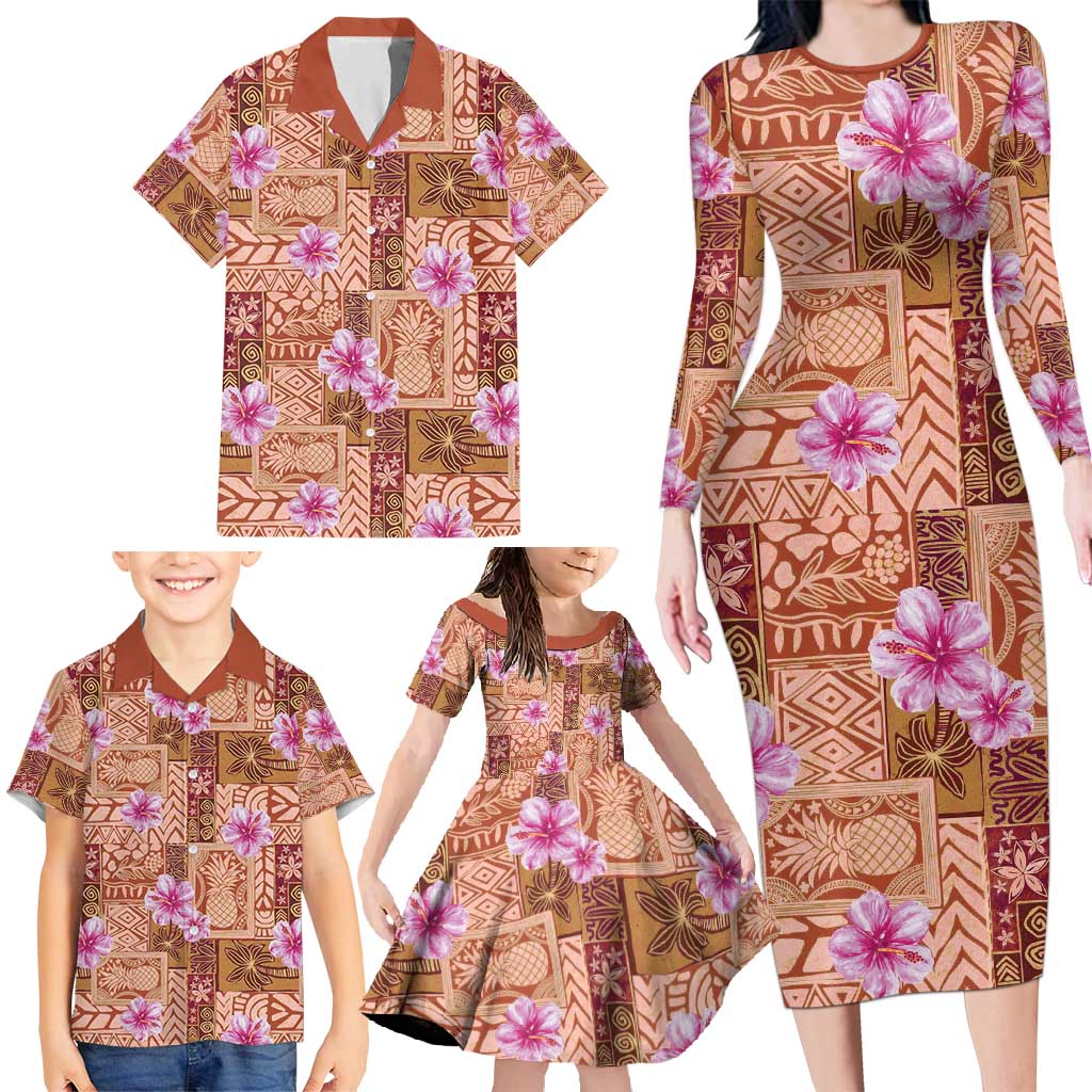 Orange Hawaii Hibiscus With Tropical Flowers Motifs Family Matching Long Sleeve Bodycon Dress and Hawaiian Shirt LT14 - Polynesian Pride