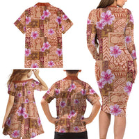 Orange Hawaii Hibiscus With Tropical Flowers Motifs Family Matching Long Sleeve Bodycon Dress and Hawaiian Shirt LT14 - Polynesian Pride
