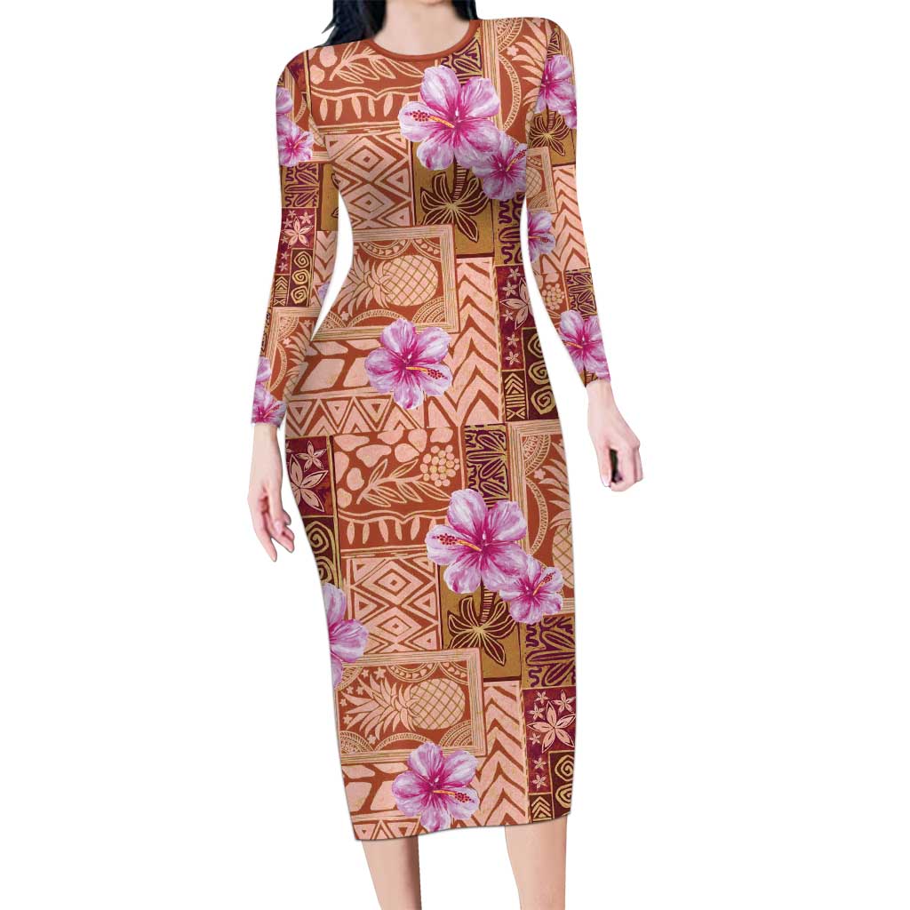 Orange Hawaii Hibiscus With Tropical Flowers Motifs Family Matching Long Sleeve Bodycon Dress and Hawaiian Shirt LT14 Mom's Dress Orange - Polynesian Pride