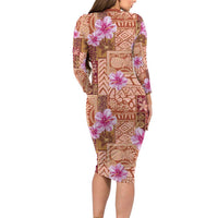 Orange Hawaii Hibiscus With Tropical Flowers Motifs Family Matching Long Sleeve Bodycon Dress and Hawaiian Shirt LT14 - Polynesian Pride