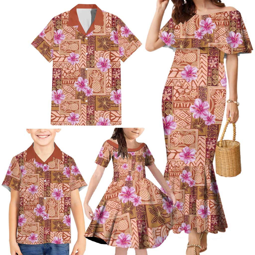 Orange Hawaii Hibiscus With Tropical Flowers Motifs Family Matching Mermaid Dress and Hawaiian Shirt LT14 - Polynesian Pride