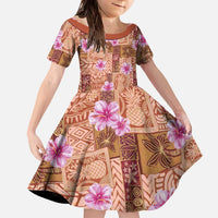 Orange Hawaii Hibiscus With Tropical Flowers Motifs Family Matching Off The Shoulder Long Sleeve Dress and Hawaiian Shirt LT14 Daughter's Dress Orange - Polynesian Pride