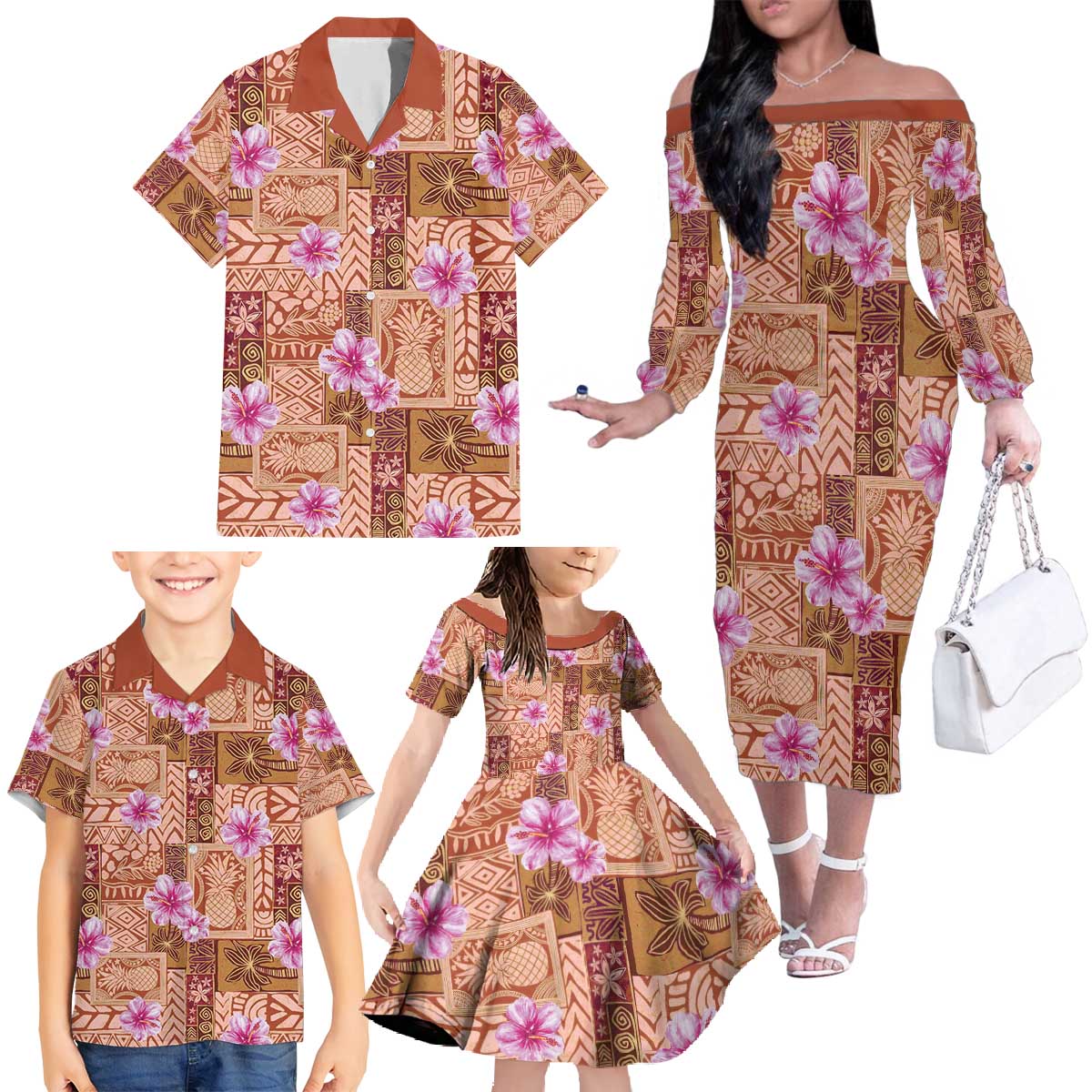 Orange Hawaii Hibiscus With Tropical Flowers Motifs Family Matching Off The Shoulder Long Sleeve Dress and Hawaiian Shirt LT14 - Polynesian Pride