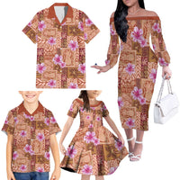 Orange Hawaii Hibiscus With Tropical Flowers Motifs Family Matching Off The Shoulder Long Sleeve Dress and Hawaiian Shirt LT14 - Polynesian Pride