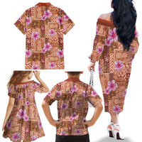 Orange Hawaii Hibiscus With Tropical Flowers Motifs Family Matching Off The Shoulder Long Sleeve Dress and Hawaiian Shirt LT14 - Polynesian Pride