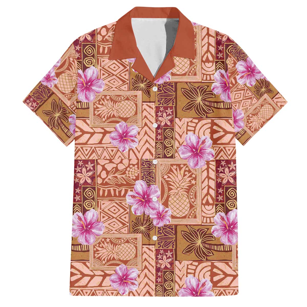Orange Hawaii Hibiscus With Tropical Flowers Motifs Family Matching Off The Shoulder Long Sleeve Dress and Hawaiian Shirt LT14 Dad's Shirt - Short Sleeve Orange - Polynesian Pride