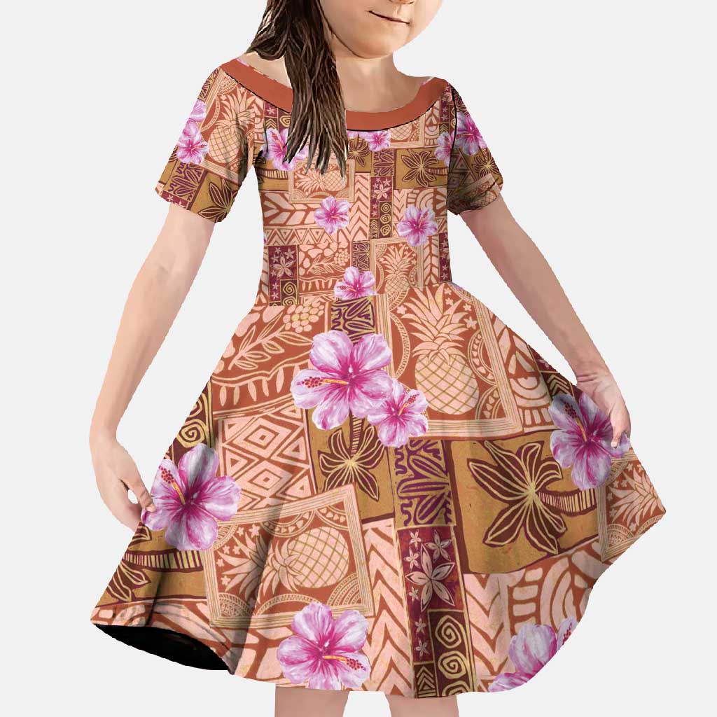 Orange Hawaii Hibiscus With Tropical Flowers Motifs Family Matching Off Shoulder Maxi Dress and Hawaiian Shirt LT14 Daughter's Dress Orange - Polynesian Pride