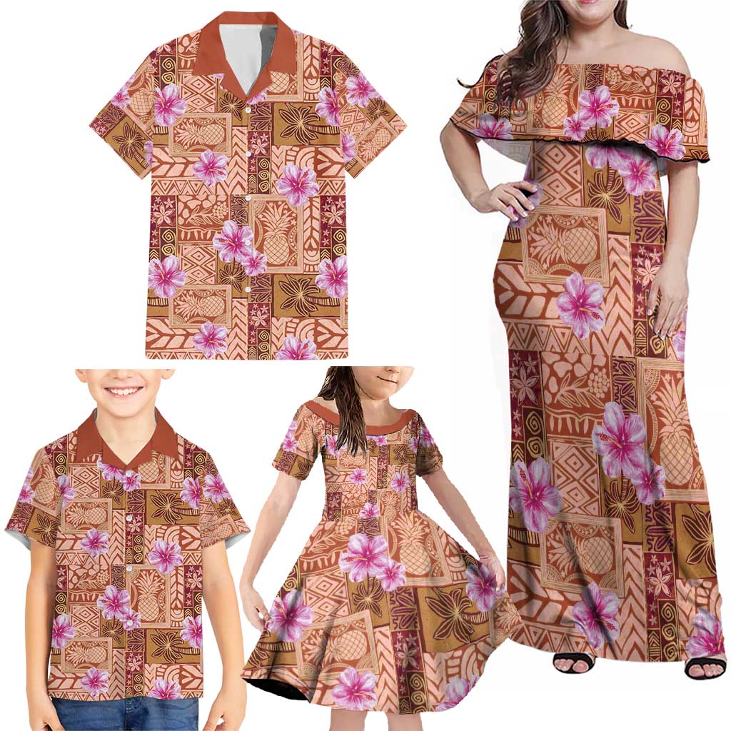 Orange Hawaii Hibiscus With Tropical Flowers Motifs Family Matching Off Shoulder Maxi Dress and Hawaiian Shirt LT14 - Polynesian Pride