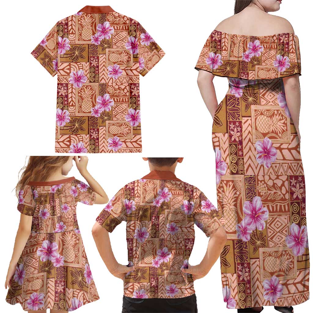 Orange Hawaii Hibiscus With Tropical Flowers Motifs Family Matching Off Shoulder Maxi Dress and Hawaiian Shirt LT14 - Polynesian Pride