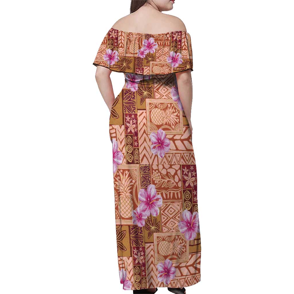 Orange Hawaii Hibiscus With Tropical Flowers Motifs Family Matching Off Shoulder Maxi Dress and Hawaiian Shirt LT14 - Polynesian Pride