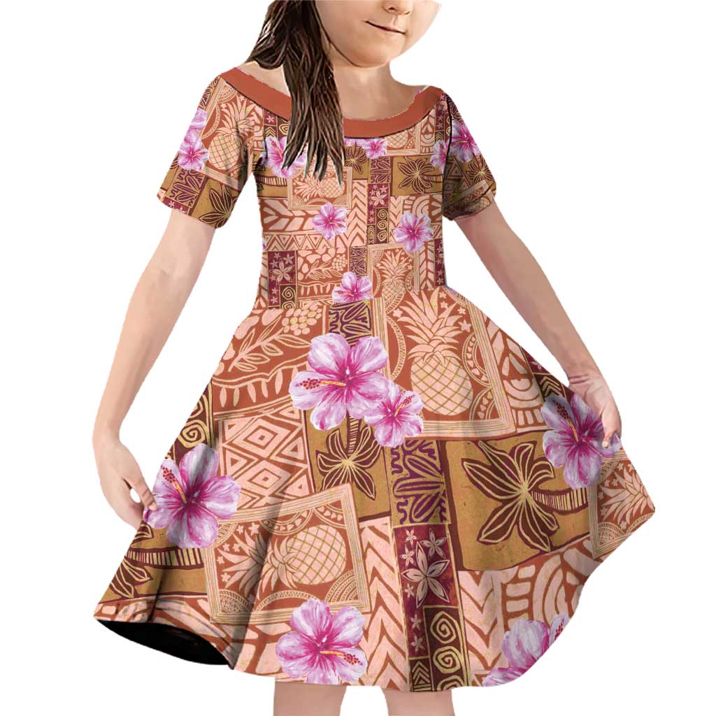 Orange Hawaii Hibiscus With Tropical Flowers Motifs Family Matching Off Shoulder Short Dress and Hawaiian Shirt LT14 Daughter's Dress Orange - Polynesian Pride