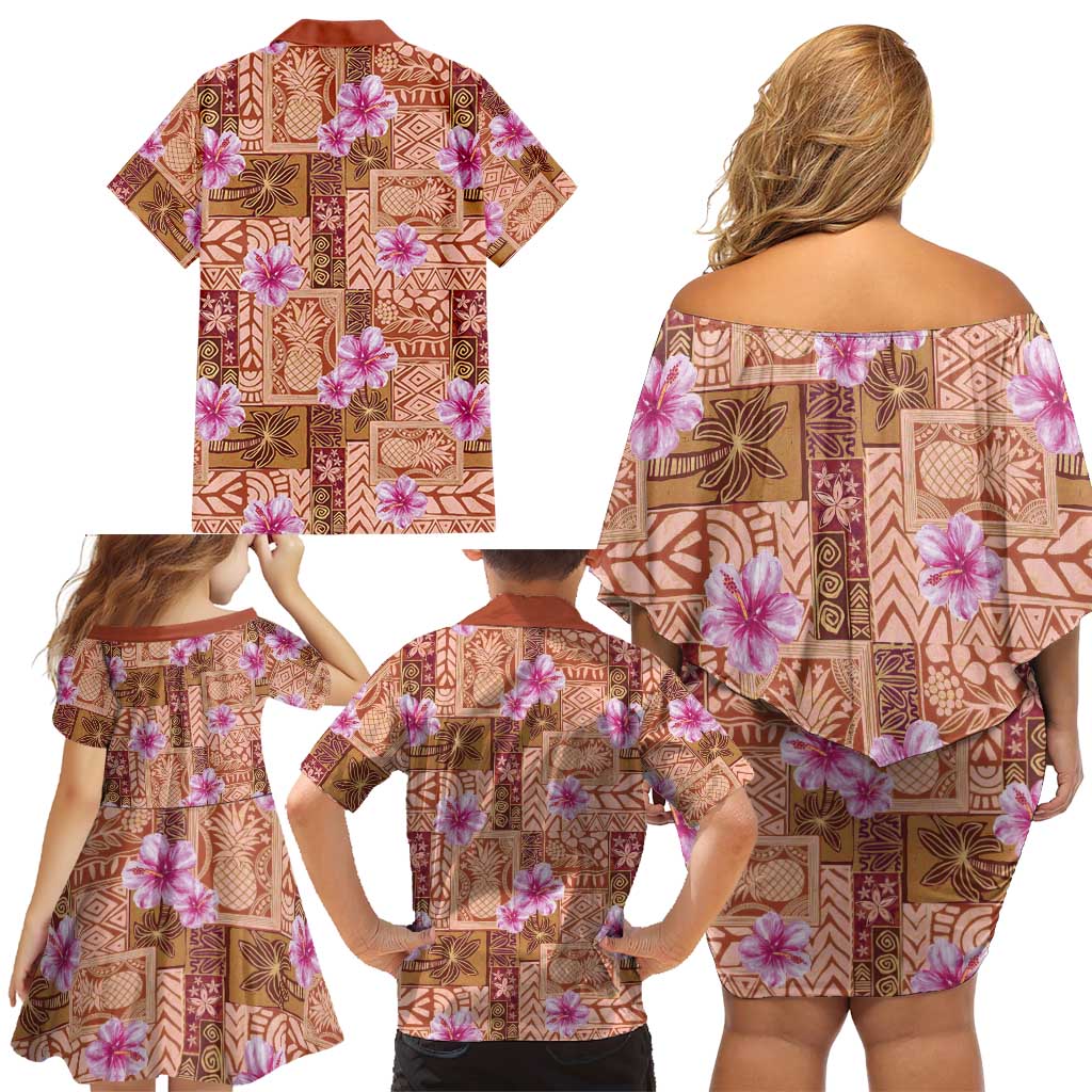 Orange Hawaii Hibiscus With Tropical Flowers Motifs Family Matching Off Shoulder Short Dress and Hawaiian Shirt LT14 - Polynesian Pride