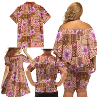 Orange Hawaii Hibiscus With Tropical Flowers Motifs Family Matching Off Shoulder Short Dress and Hawaiian Shirt LT14 - Polynesian Pride