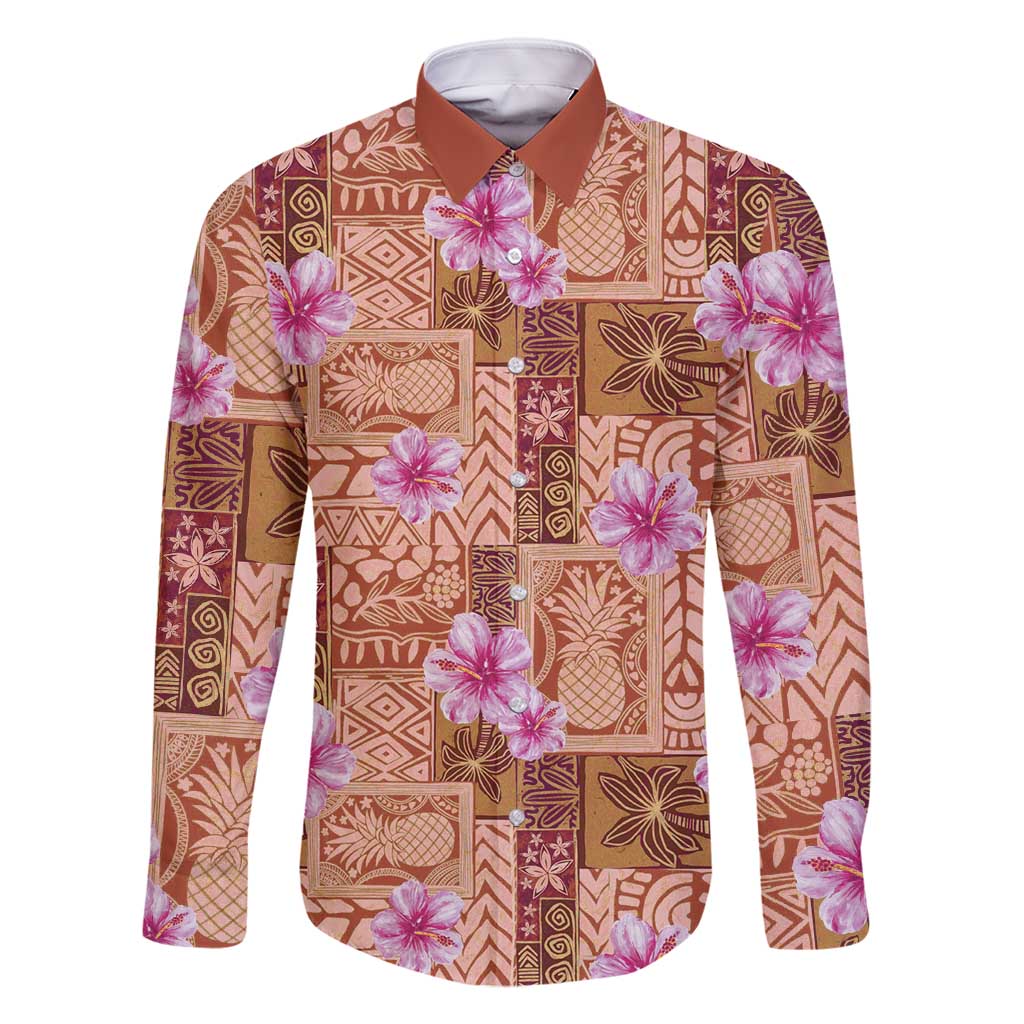 Orange Hawaii Hibiscus With Tropical Flowers Motifs Family Matching Off Shoulder Short Dress and Hawaiian Shirt LT14 Dad's Shirt - Long Sleeve Orange - Polynesian Pride