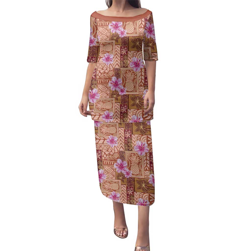 Orange Hawaii Hibiscus With Tropical Flowers Motifs Family Matching Puletasi and Hawaiian Shirt LT14 Mom's Dress Orange - Polynesian Pride