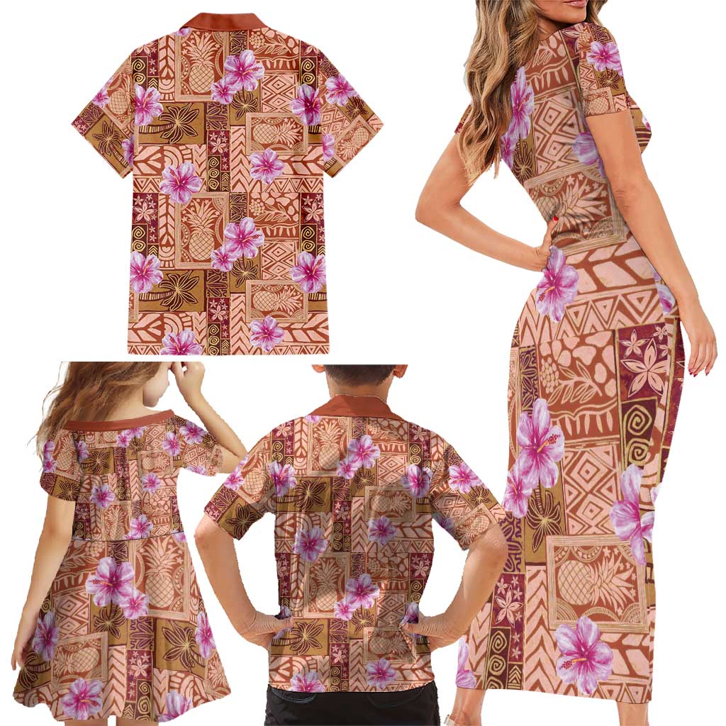 Orange Hawaii Hibiscus With Tropical Flowers Motifs Family Matching Short Sleeve Bodycon Dress and Hawaiian Shirt LT14 - Polynesian Pride
