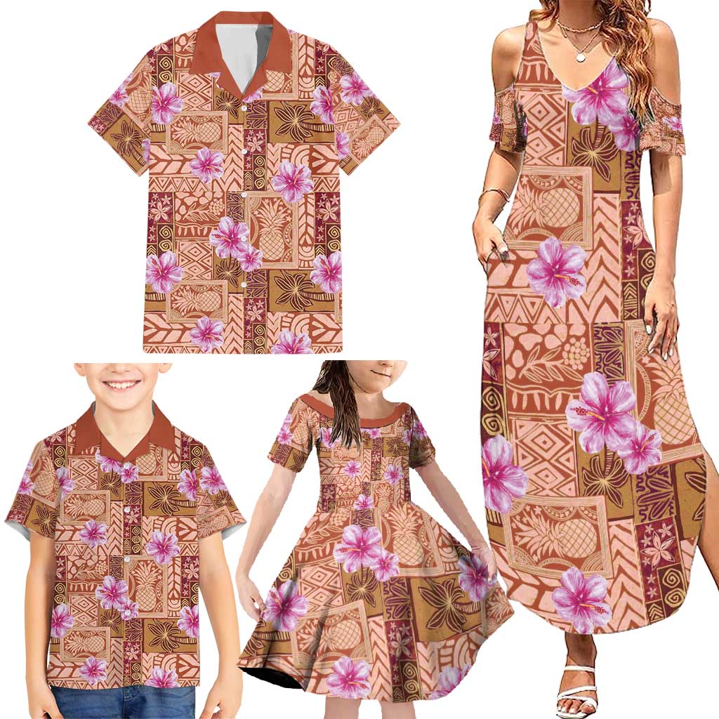 Orange Hawaii Hibiscus With Tropical Flowers Motifs Family Matching Summer Maxi Dress and Hawaiian Shirt LT14 - Polynesian Pride