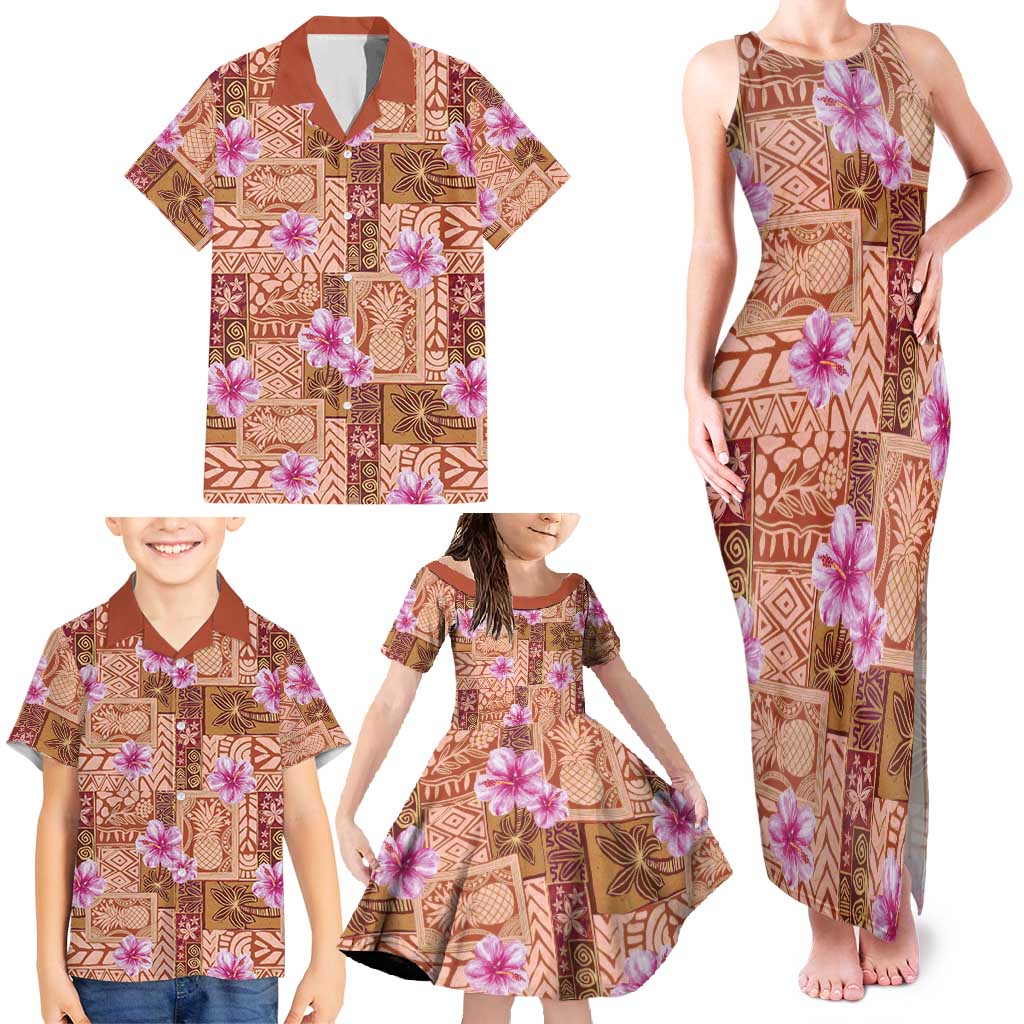 Orange Hawaii Hibiscus With Tropical Flowers Motifs Family Matching Tank Maxi Dress and Hawaiian Shirt LT14 - Polynesian Pride