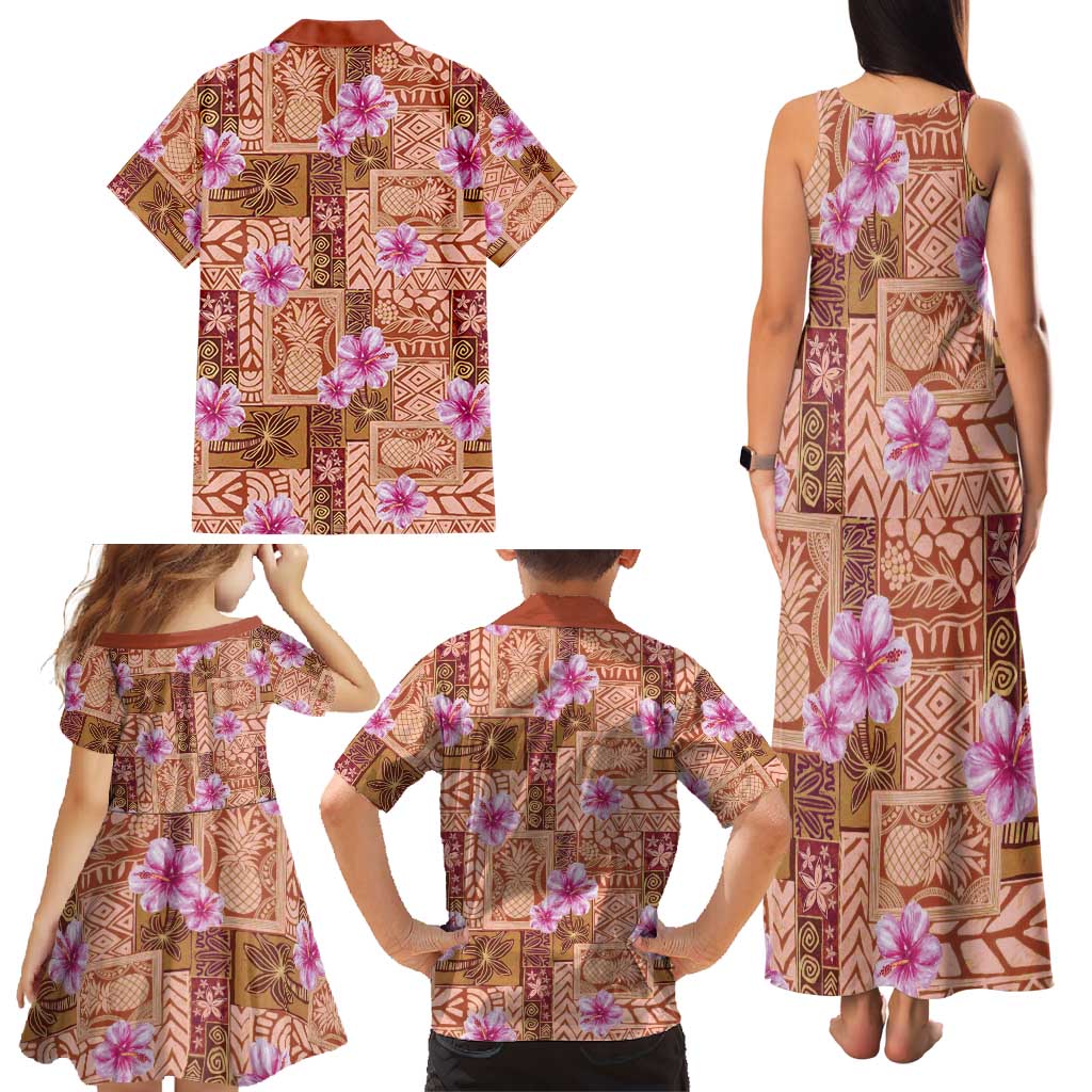 Orange Hawaii Hibiscus With Tropical Flowers Motifs Family Matching Tank Maxi Dress and Hawaiian Shirt LT14 - Polynesian Pride