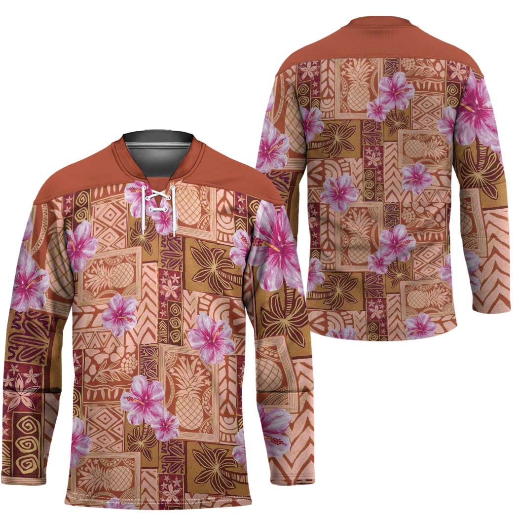 Orange Hawaii Hibiscus With Tropical Flowers Motifs Hockey Jersey - Polynesian Pride
